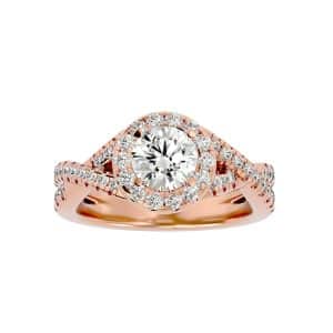 round cut twisted band bridged pave-set halo diamond engagement ring with 18k rose gold metal and round shape diamond