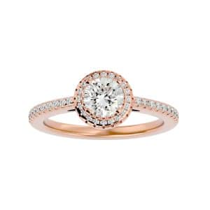 round cut petite 1/2 way pave-set halo diamond engagement ring with 18k rose gold metal and round shape diamond