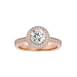 round cut milgrain micropave halo pinpointed-set diamond engagement ring with 18k rose gold metal and round shape diamond
