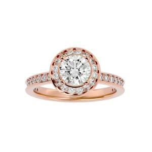 round cut high edge pinpointed-set halo diamond engagement ring with 18k rose gold metal and round shape diamond