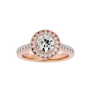 round cut milgrain halo princess channel set diamond engagement ring with 18k rose gold metal and round shape diamond