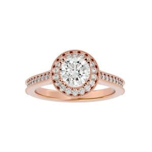 round cut 3/4 way milgrain pinpointed-set halo diamond engagement ring with 18k rose gold metal and round shape diamond
