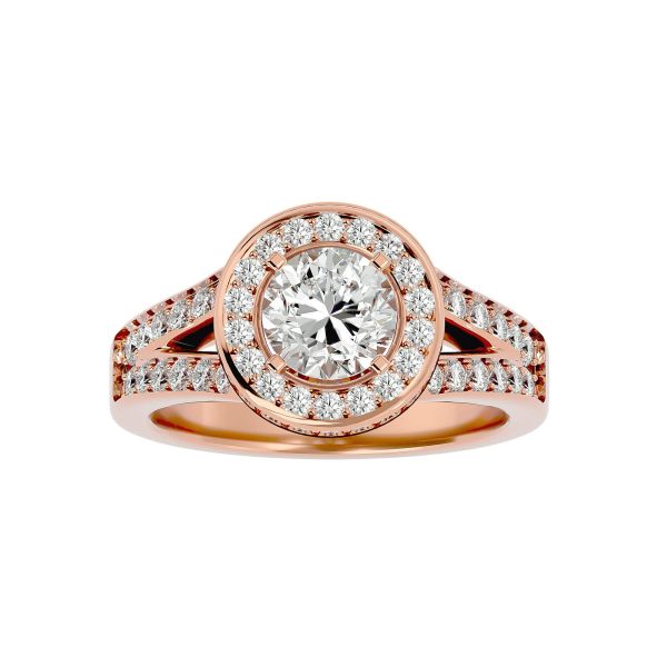 Round Cut Diamond Bezel Pinpointed-Set Halo Split Shank Engagement Ring