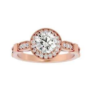 round cut milgrain pinpointed-set double claws halo diamond engagement ring with 18k rose gold metal and round shape diamond