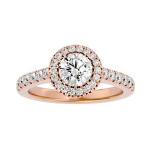 round cut french pave-set halo diamond engagement ring with 18k rose gold metal and round shape diamond