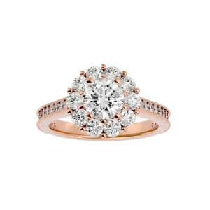 round cut shared claws halo milgrain pinpointed-set diamond engagement ring with 18k rose gold metal and round shape diamond