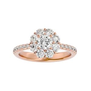 round cut shared claws halo tapered pave-set diamond engagement ring with 18k rose gold metal and round shape diamond