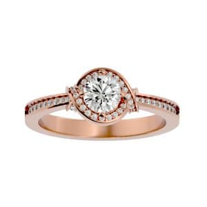 round cut knot halo tapered pinpointed-set diamond engagement ring with 18k rose gold metal and round shape diamond