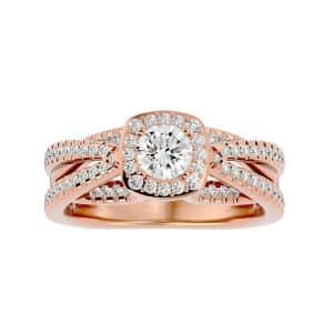round cut quad crossed micropave-set halo diamond engagement ring with 18k rose gold metal and round shape diamond