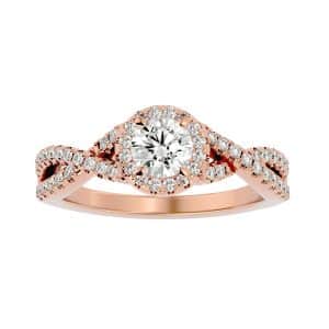 round cut ribbon crossed band pave-set halo diamond engagement ring with 18k rose gold metal and round shape diamond