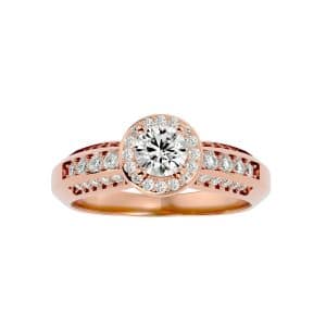 round cut flare three side pinpointed-set halo diamond engagement ring with 18k rose gold metal and round shape diamond