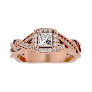 princess cut double twisted pinpointed-set diamond halo engagement ring with 18k rose gold metal and princess shape diamond