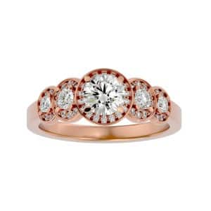 round cut pentuple halo pinpointed-set diamond engagement ring with 18k rose gold metal and round shape diamond