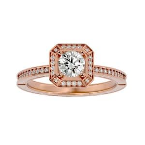 round cut bar edge invisible halo pinpointed-set diamond engagement ring with 18k rose gold metal and round shape diamond