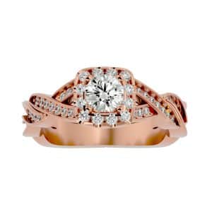 round cut double twisted pinpointed-set diamond square halo engagement ring with 18k rose gold metal and round shape diamond