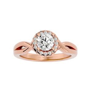 round cut plain crossed band halo engagement ring with 18k rose gold metal and round shape diamond