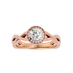 round cut double twist plain band milgrain halo engagement ring with 18k rose gold metal and round shape diamond