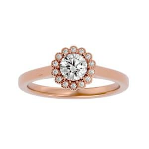 round cut milgrain flower halo plain band solitaire engagement ring with 18k rose gold metal and round shape diamond