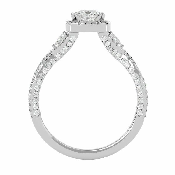 Round Cut Square Halo Trilliant Side Stone Twisted MircroPave-Set Diamond Engagement Ring