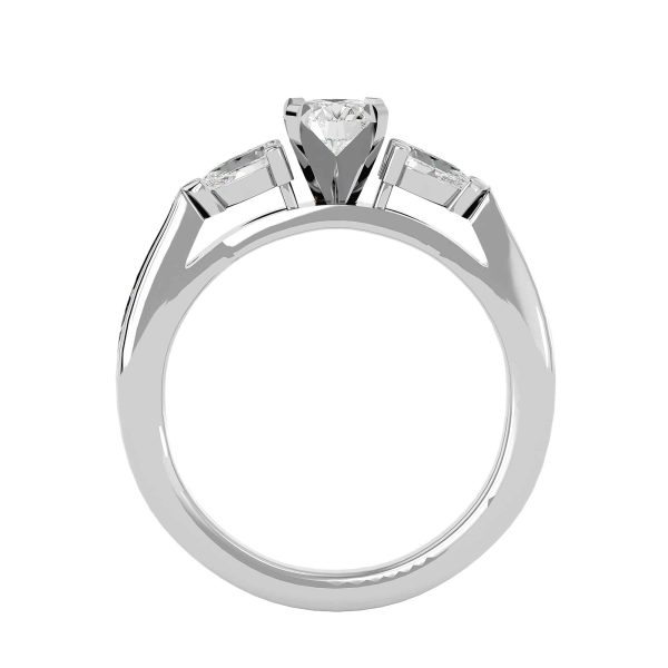 Round Cut Pear Side Stone Tapered Pinpoint-Set Diamond Three Stone Engagement Ring