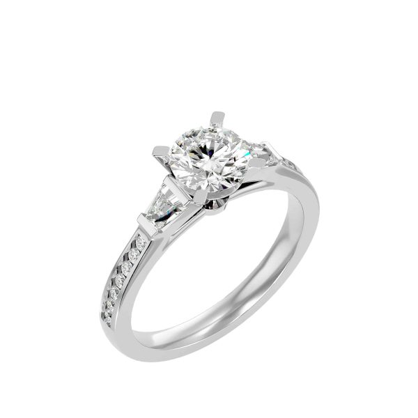 Round Cut Trapezoid Side Stone Channel-Set Diamond Three Stone Engagement Ring