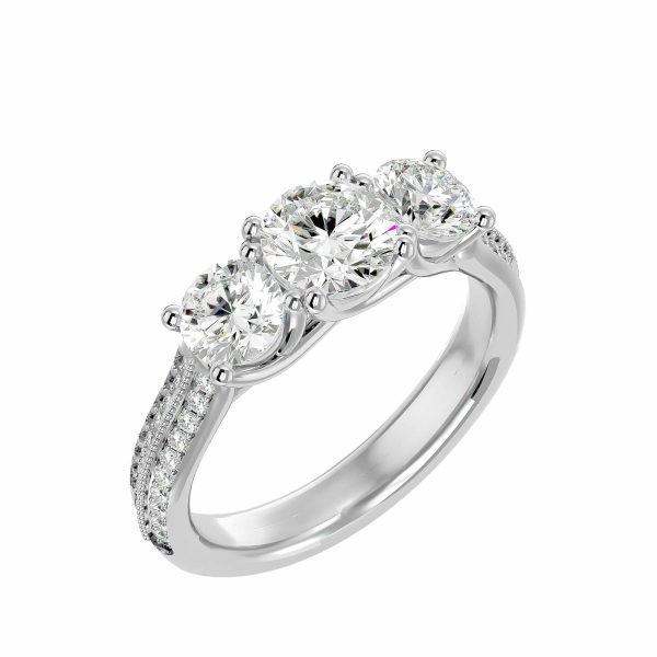 Round Cut Milgrain Double Pinpoint-Set Diamond Three Stone Engagement Ring