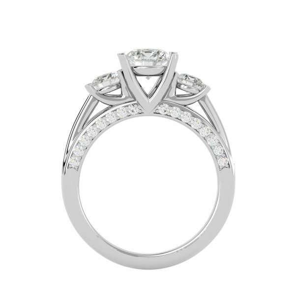 Round Cut Tall Should MicroPave-Set Bridge Diamond Three Stone Engagement Ring