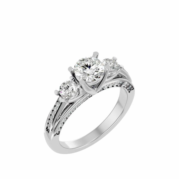 Round Cut Tall Should MicroPave-Set Bridge Diamond Three Stone Engagement Ring