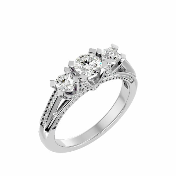 Lucy Round Cut V Bridged Pinpoint-Set Diamond Three Stone Engagement Ring