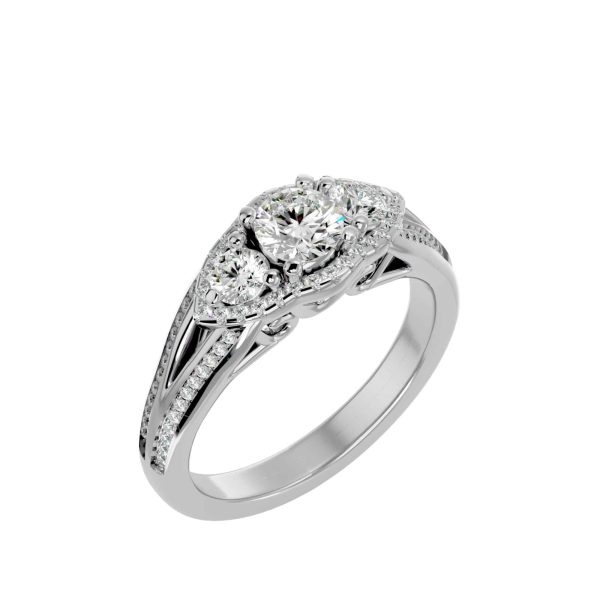SkyGem & Co. Round Cut Split Shank Halo MicroPave-Set Diamond Three Stone Engagement Ring
