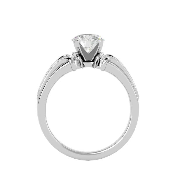 Round Cut Open Shoulder Side Stone Channel-Set Diamond Three Stone Engagement Ring