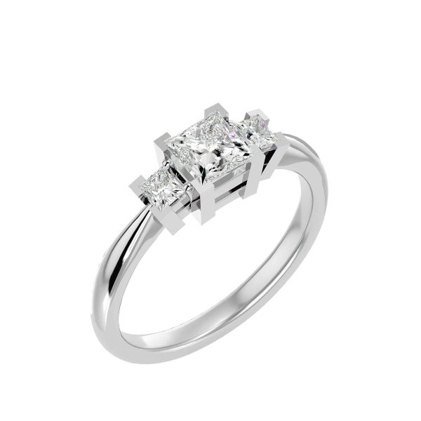 Princess Cut Squared Cornered Claws Tapered Plain Band Three Stone Engagement Ring