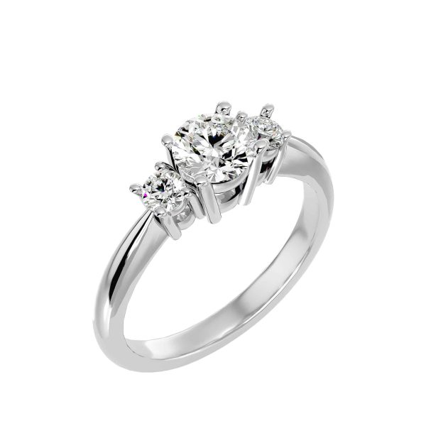 Round Cut Classic Side Stones Tapered Plain Band Three Stone Engagement Ring