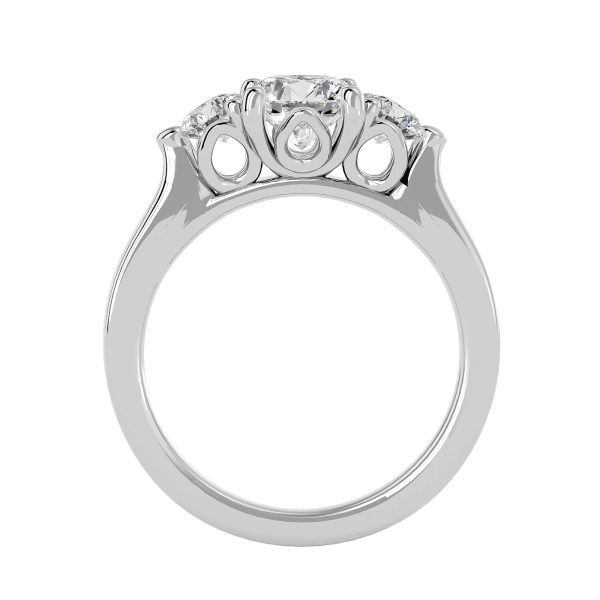 Round Cut Flower Claw Tapered Plain Band Three Stone Engagement Ring