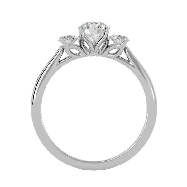 Round Cut Petite Flower Claws Tapered Plain Band Three Stone Engagement Ring