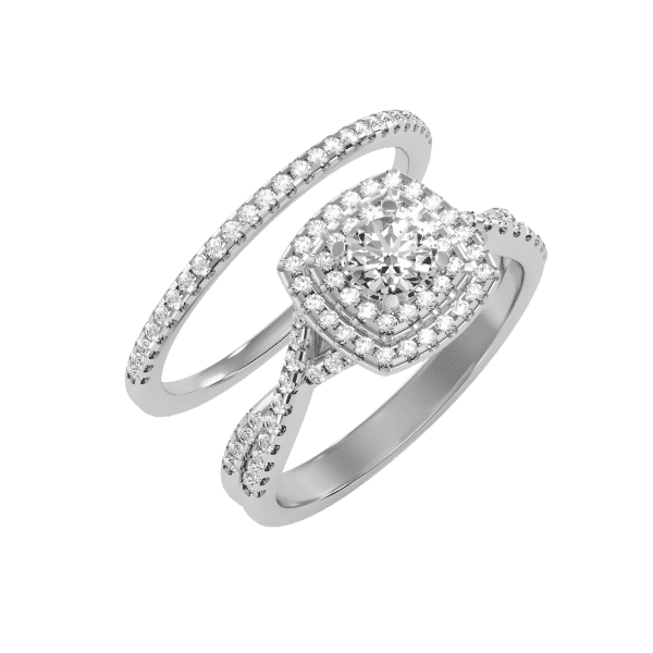 Round Cut Double Square Halo Crossed Band with Matching Wedding Band
