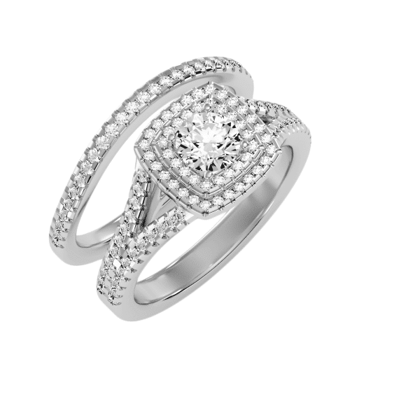 Round Cut Double Square Halo Split-Shank With Matching Wedding Band