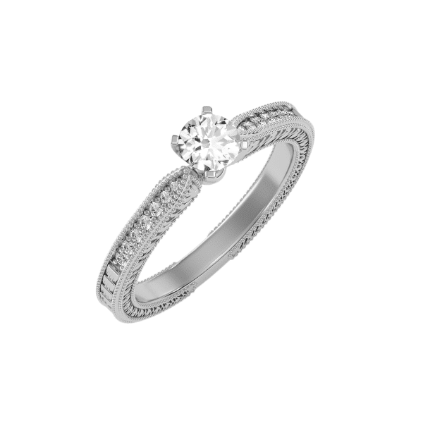 Round Cut Milgrain Tapered Channel-Set Diamond Carved Solitaire Engagement Ring