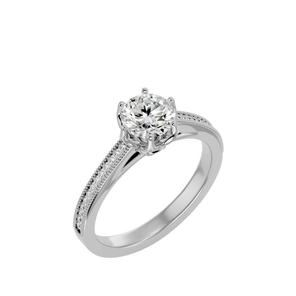 Round Cut Vintage Milgrain Pinpoint-Set Solitaire Diamond Engagement Ring