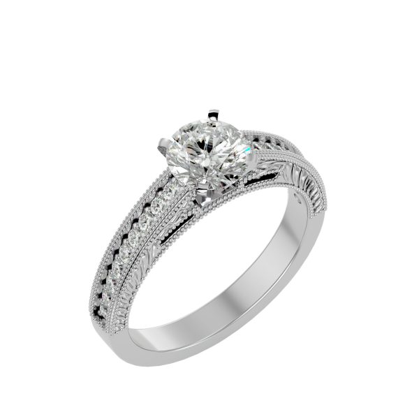Round Cut Milgrain Tall Shoulder Craved Pinpoint-Set Solitaire Diamond Engagement Ring