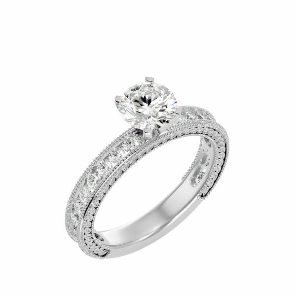Round Cut Vintage Milgrain Carved Floating Channel-Set Solitaire Diamond Engagement Ring
