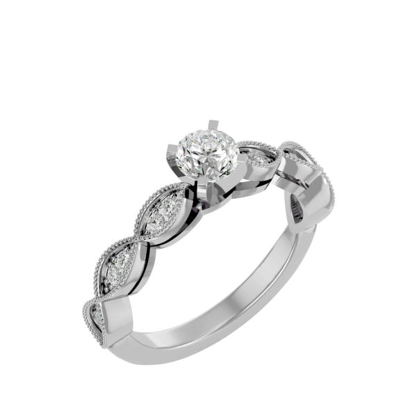 Round Cut Milgrain Marquise Pinpoint-Set Diamond Solitaire Engagement Ring