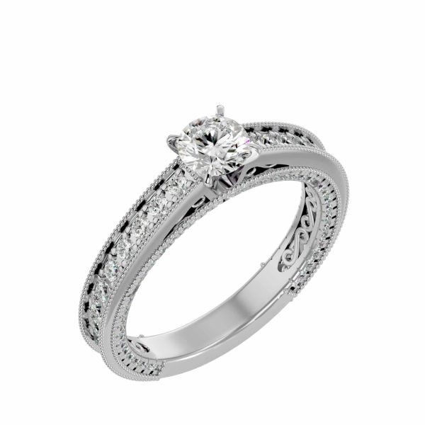 SkyGem & Co. Round Cut Milgrain Carved 3/4 Way Deep Channel Pave-Set Solitaire Diamond Engagement Ring