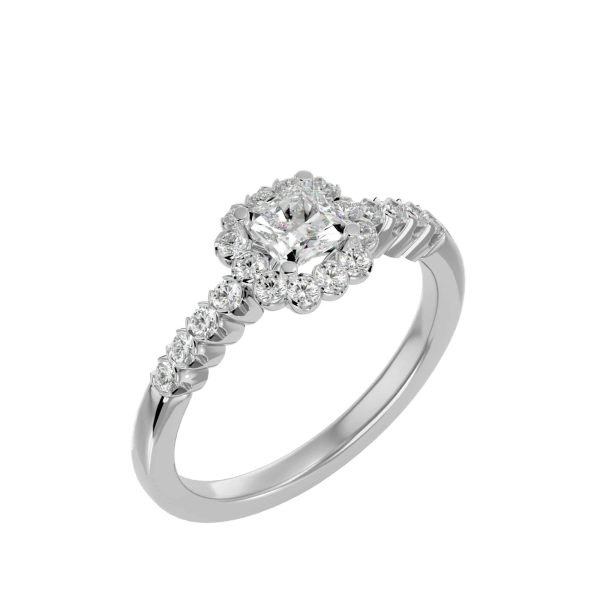 Asscher Cut Petite Scallop-Set Flower Halo Diamond Engagement Ring