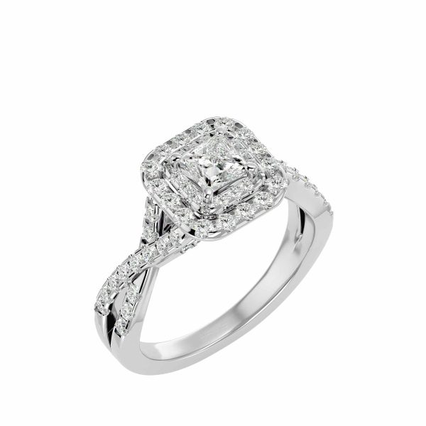 Princess Cut Crossed Band Double Halo Pave-Set Diamond Engagement Ring