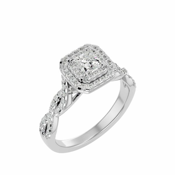 Princess Cut Double Crossed Band Hidden Pave-Set Double Halo Diamond Engagement Ring