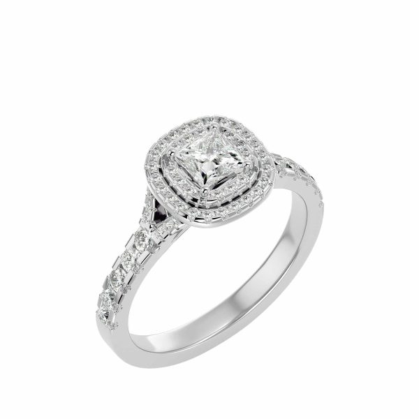 Princess Cut Split Shank Double Halo Pave-Set Diamond Engagement Ring