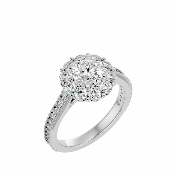Round Cut Shared Claws Halo Milgrain Pinpointed-Set Diamond Engagement Ring