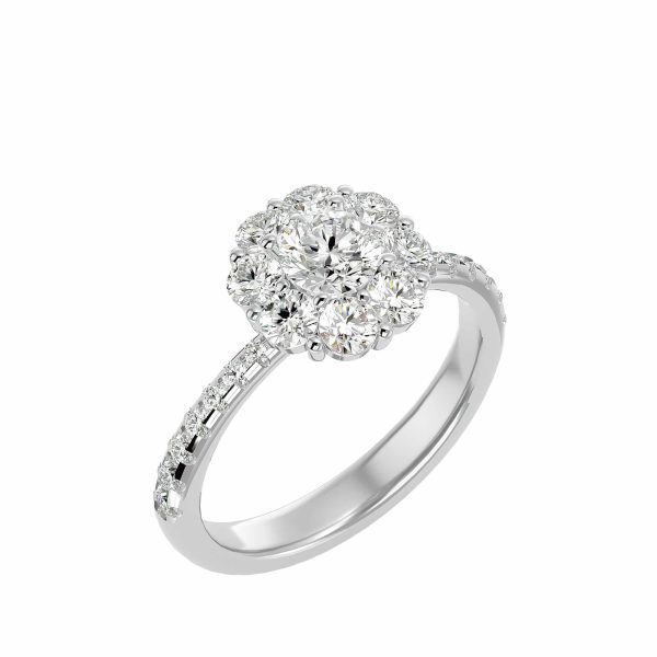 Round Cut Shared Claws Halo Tapered Pave-Set Diamond Engagement Ring