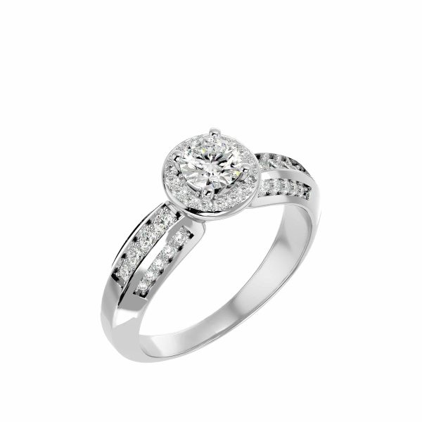 Round Cut Flare Three Side Pinpointed-Set Halo Diamond Engagement Ring